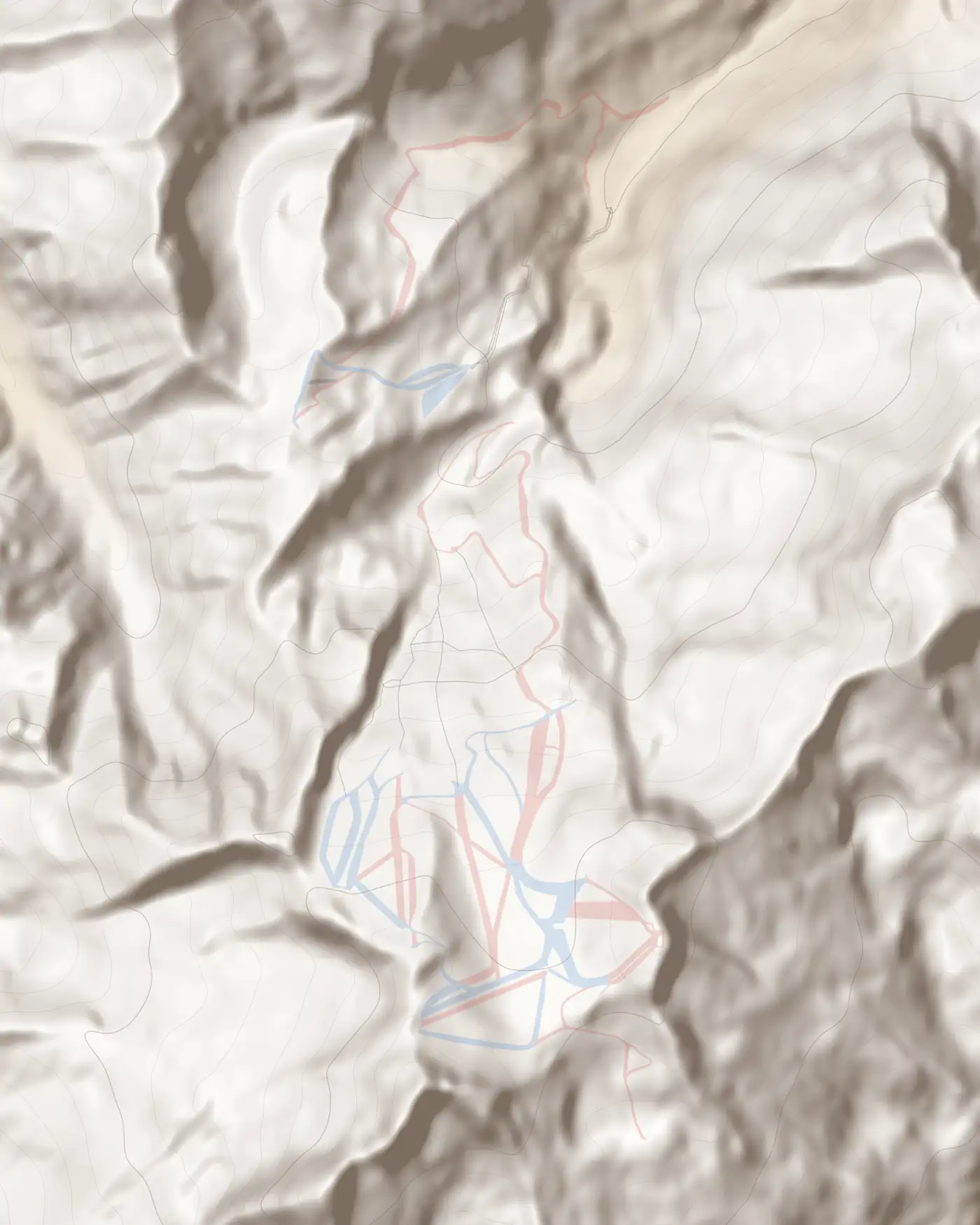 Pistenkarte Hintertuxer Gletscher: Pisten nach Schwierigkeit und Lifte auf dem Geländerelief, Norden oben.