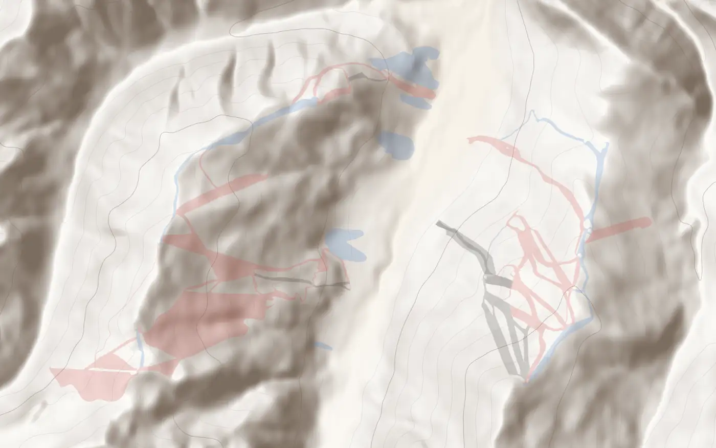 Pistenkarte Livigno: Pisten nach Schwierigkeit und Lifte auf dem Geländerelief, Norden oben.