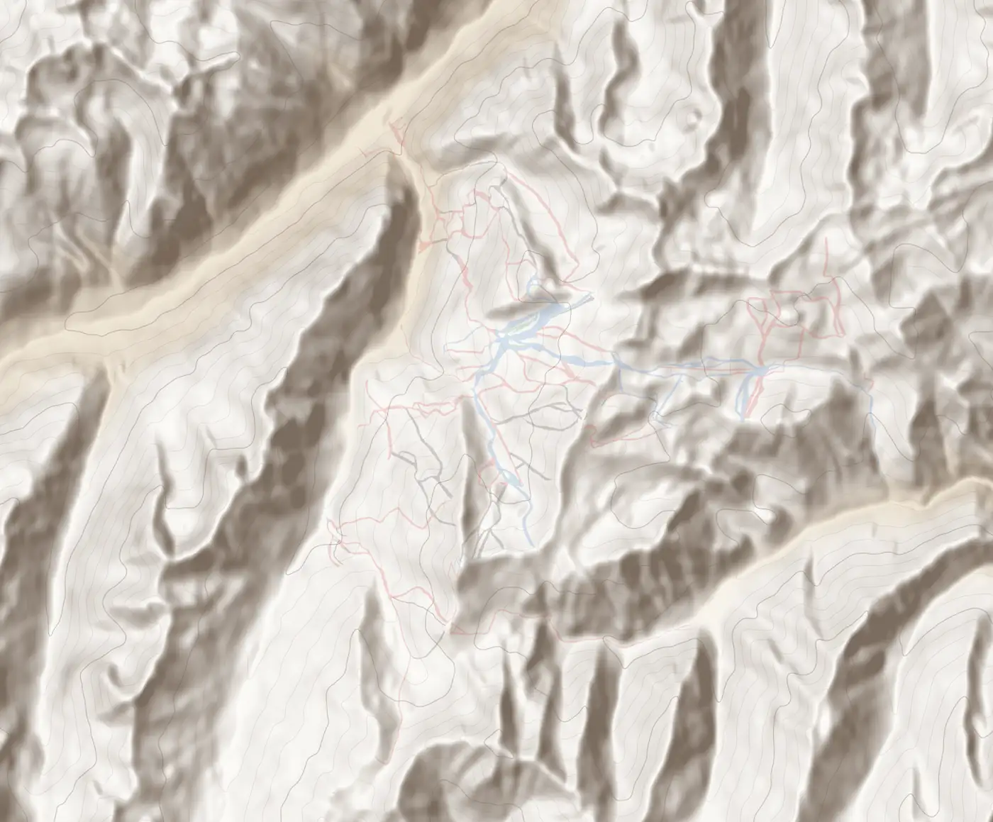 Pistenkarte Silvretta Arena Ischgl/Samnaun: Pisten nach Schwierigkeit und Lifte auf dem Geländerelief, Norden oben.