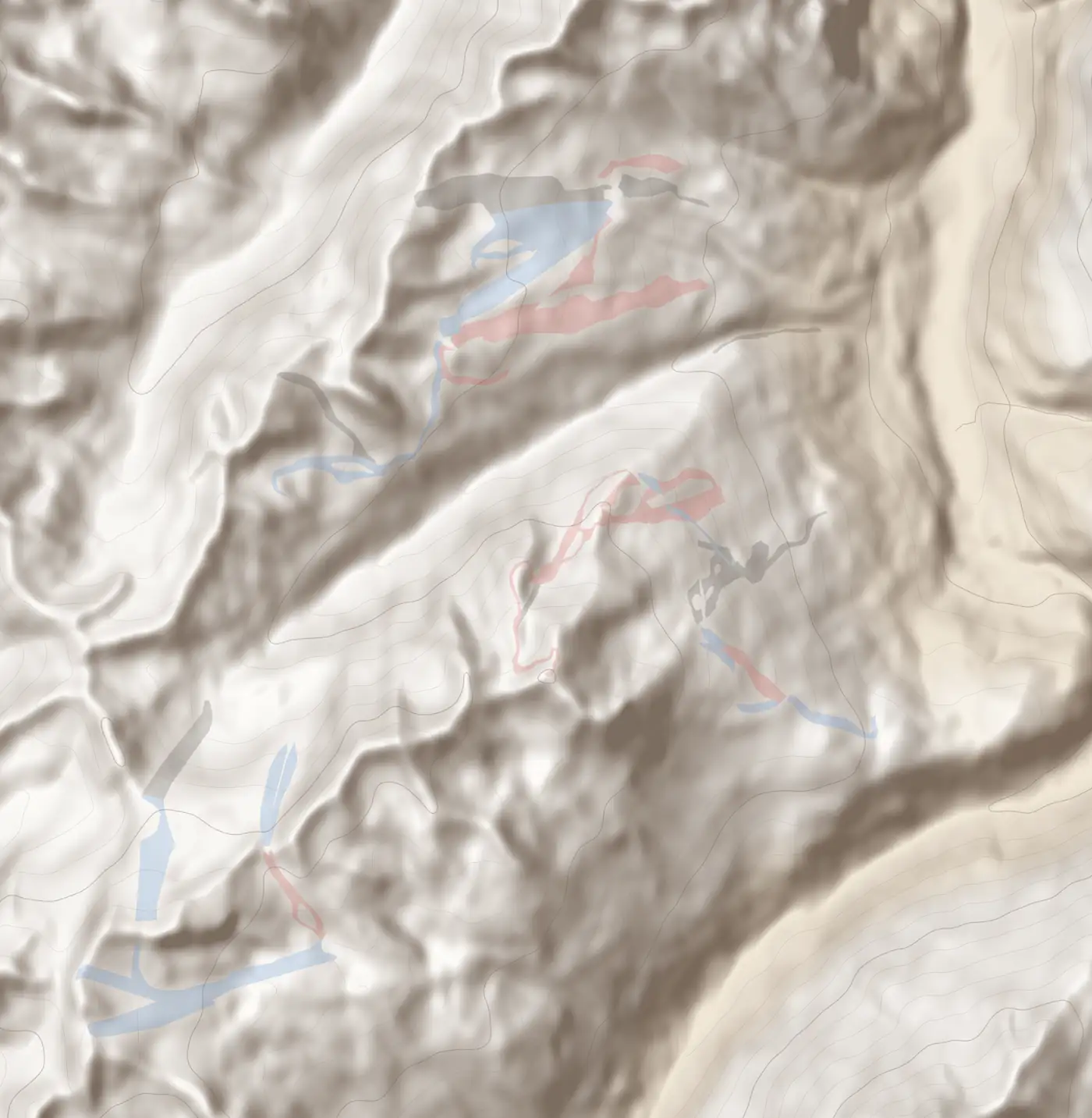 Pistenkarte Sölden: Pisten nach Schwierigkeit und Lifte auf dem Geländerelief, Norden oben.